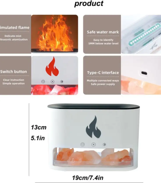 Diffuseur d’aromathérapie au sel de cristal de flamme de cheminée, diffuseur d’huiles essentielles 250 ml, diffuseur d’humidificateur d’arôme de flamme, lampe à sel de l’Himalaya, huile essentielle